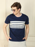 Dennis Lingo Men's Navy Crew Neck Striped Cotton T-Shirt