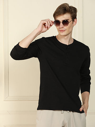 Men's Black Henley Neck Solid Cotton T-Shirt