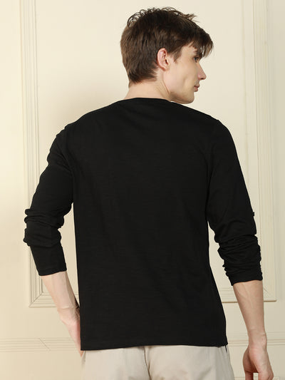 Men's Black Henley Neck Solid Cotton T-Shirt