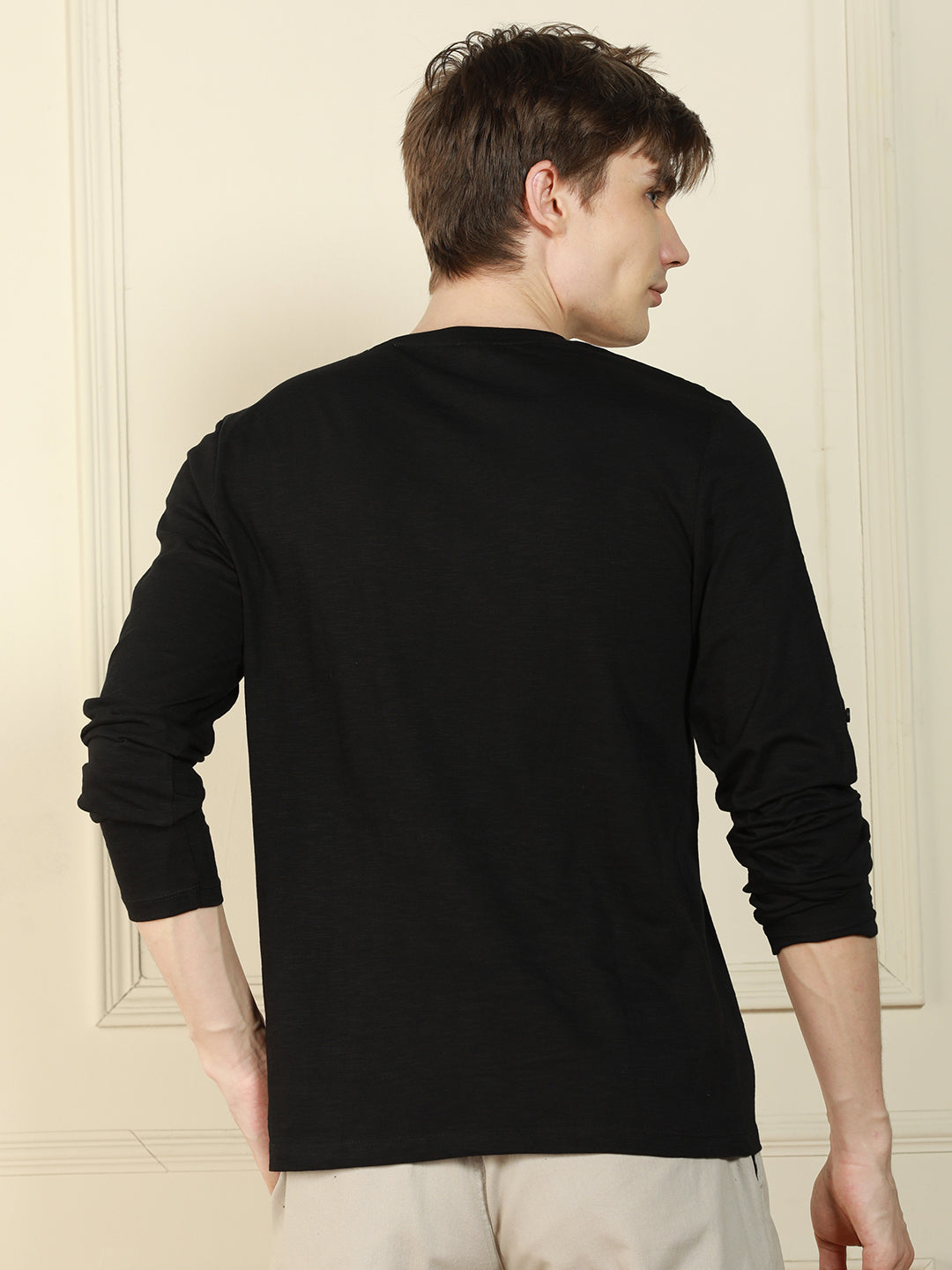 Men's Black Henley Neck Solid Cotton T-Shirt