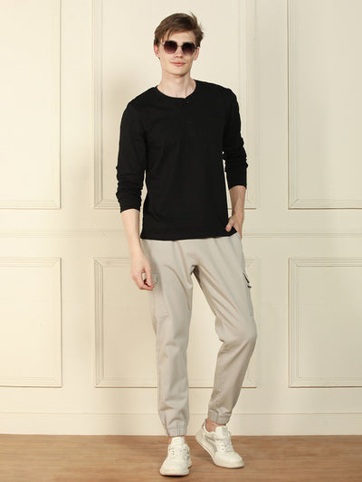 Men's Black Henley Neck Solid Cotton T-Shirt
