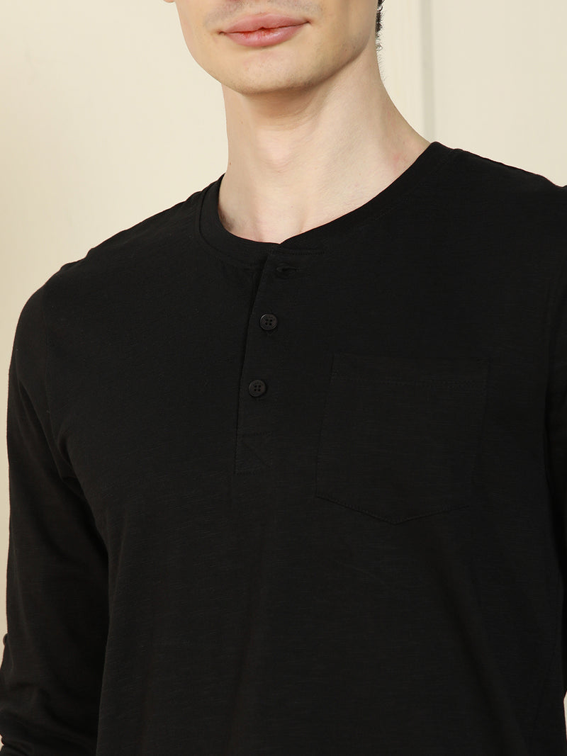Men's Black Henley Neck Solid Cotton T-Shirt