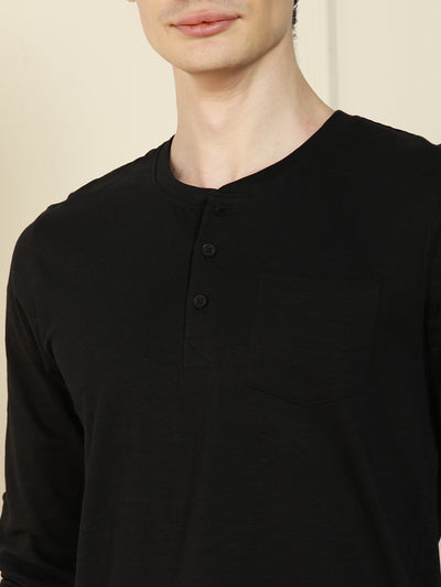 Men's Black Henley Neck Solid Cotton T-Shirt