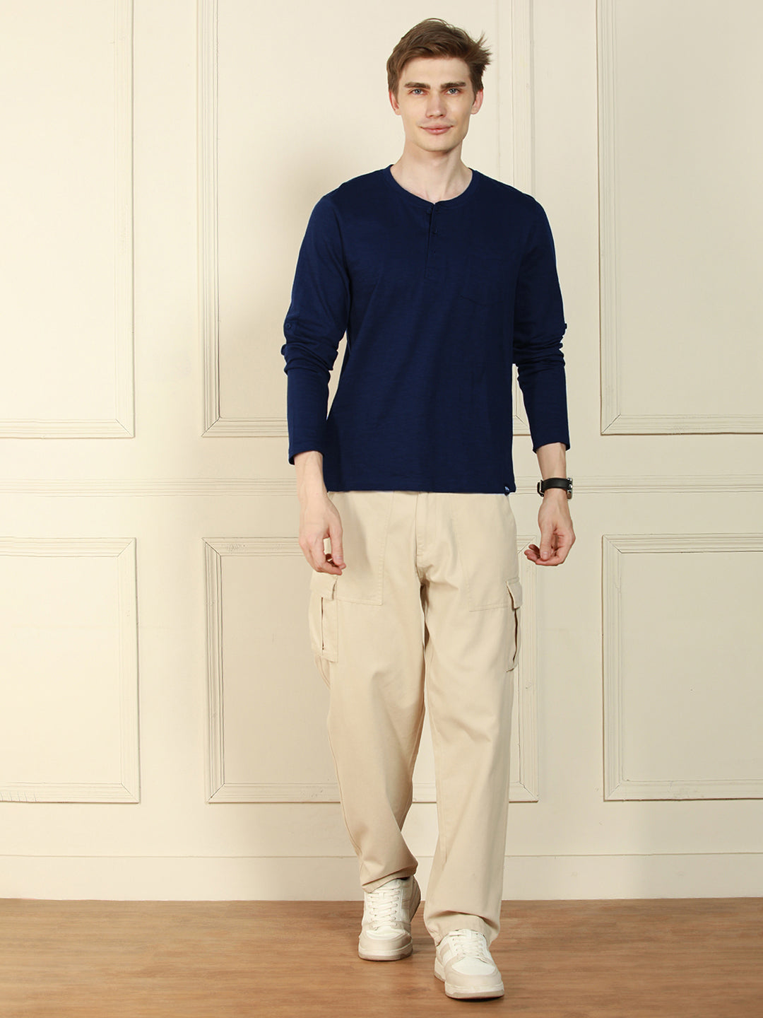 Men's Navy Henley Neck Solid Cotton T-Shirt