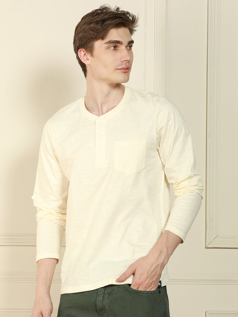 Men's Off-White Henley Neck Solid Cotton T-Shirt
