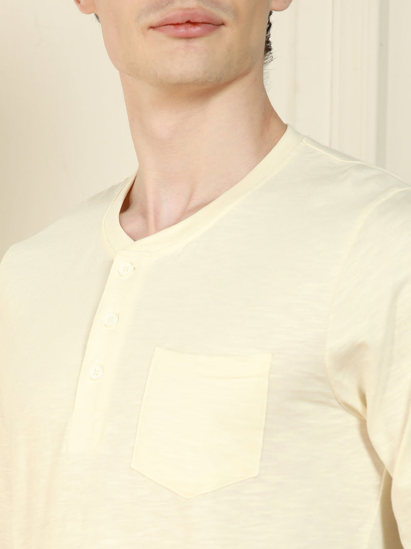 Men's Off-White Henley Neck Solid Cotton T-Shirt