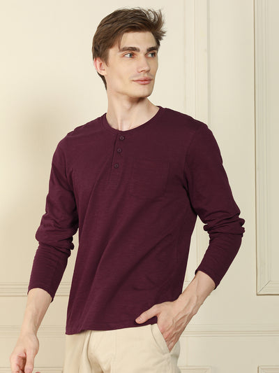 Men's Wine Henley Neck Solid Cotton T-Shirt