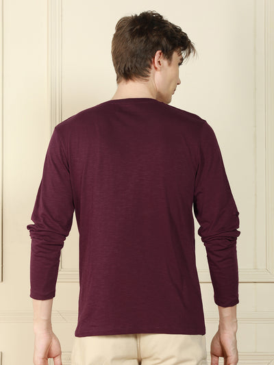 Men's Wine Henley Neck Solid Cotton T-Shirt