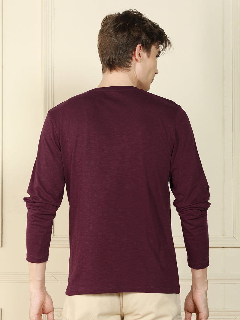 Men's Wine Henley Neck Solid Cotton T-Shirt