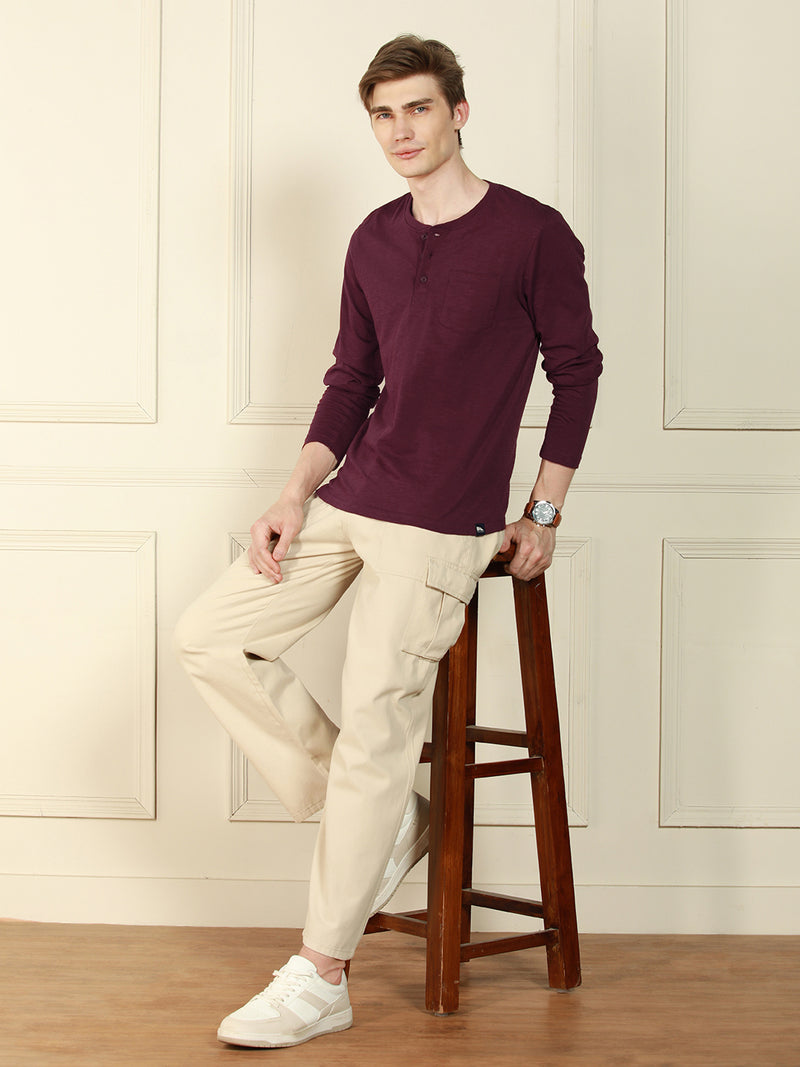 Men's Wine Henley Neck Solid Cotton T-Shirt