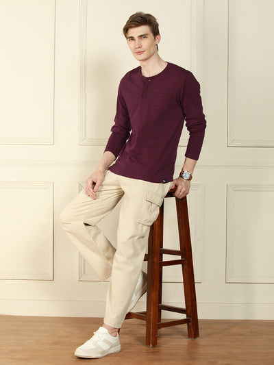 Men's Wine Henley Neck Solid Cotton T-Shirt