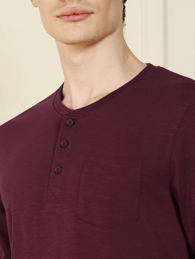 Men's Wine Henley Neck Solid Cotton T-Shirt