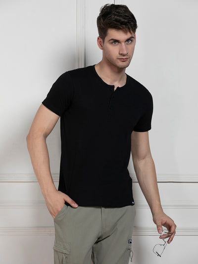 Men's Black Henley Neck Solid Regular Fit T-Shirt