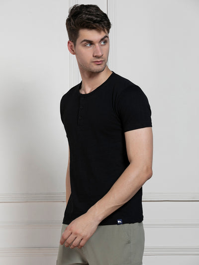 Men's Black Henley Neck Solid Regular Fit T-Shirt