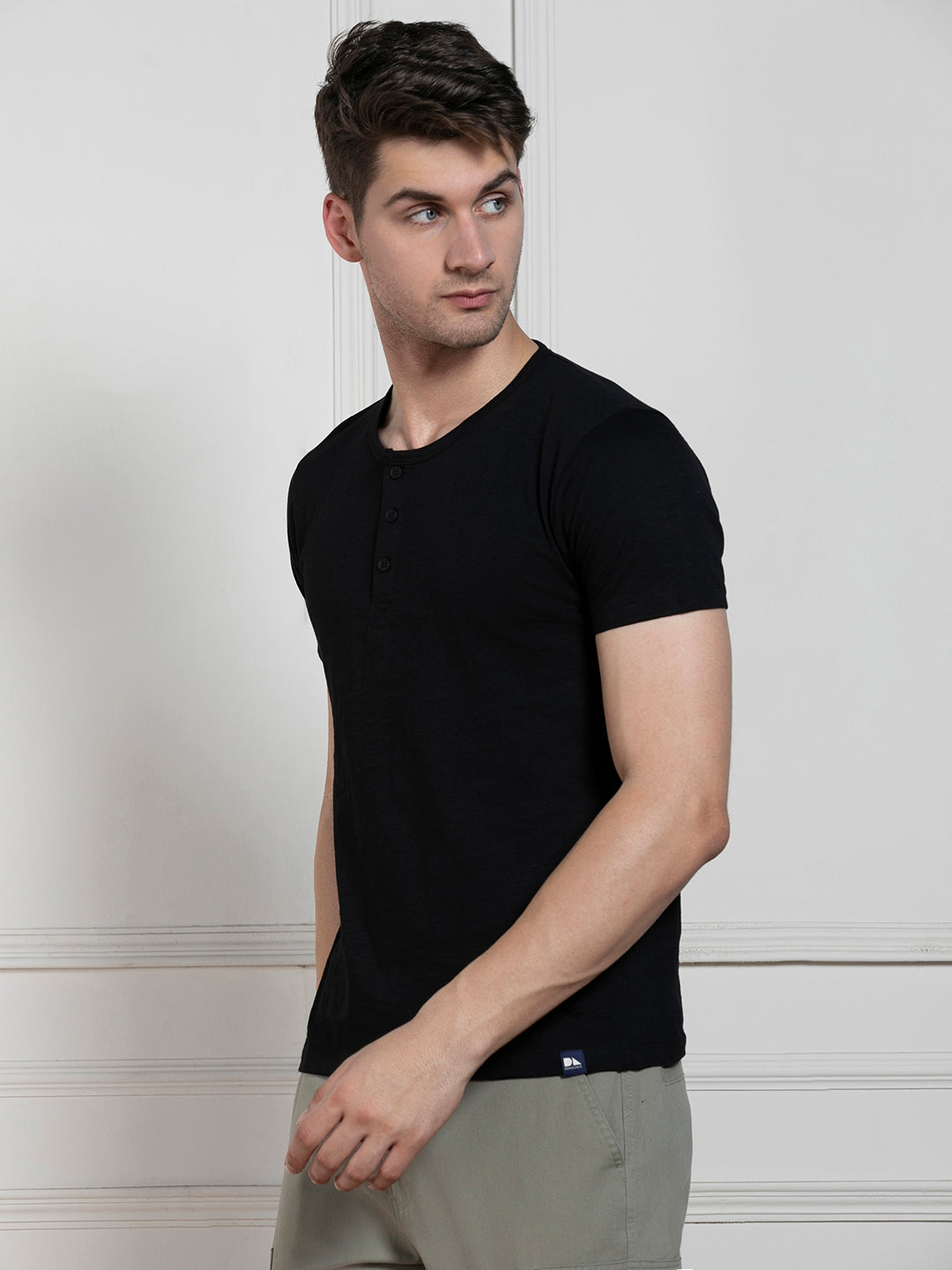 Dennis Lingo Men's Black Henley Neck Solid Regular Fit T-Shirt