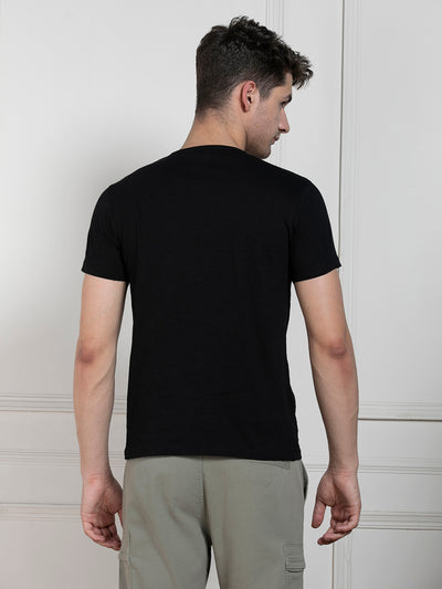 Men's Black Henley Neck Solid Regular Fit T-Shirt