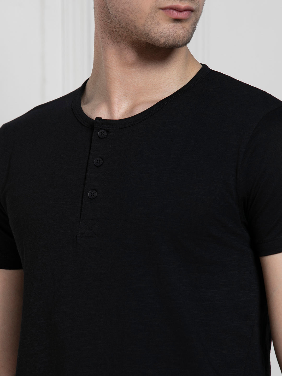 Dennis Lingo Men's Black Henley Neck Solid Regular Fit T-Shirt