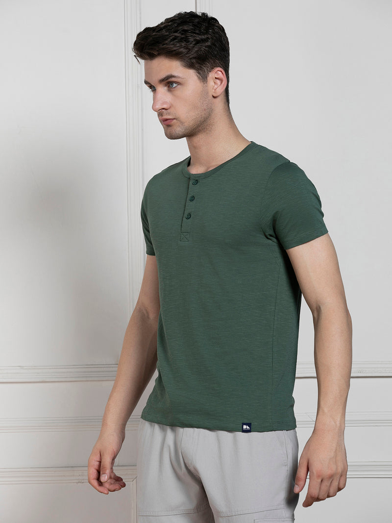 Dennis Lingo Men's Green Henley Neck Solid Regular Fit T-Shirt