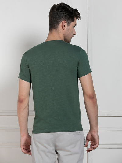 Dennis Lingo Men's Green Henley Neck Solid Regular Fit T-Shirt