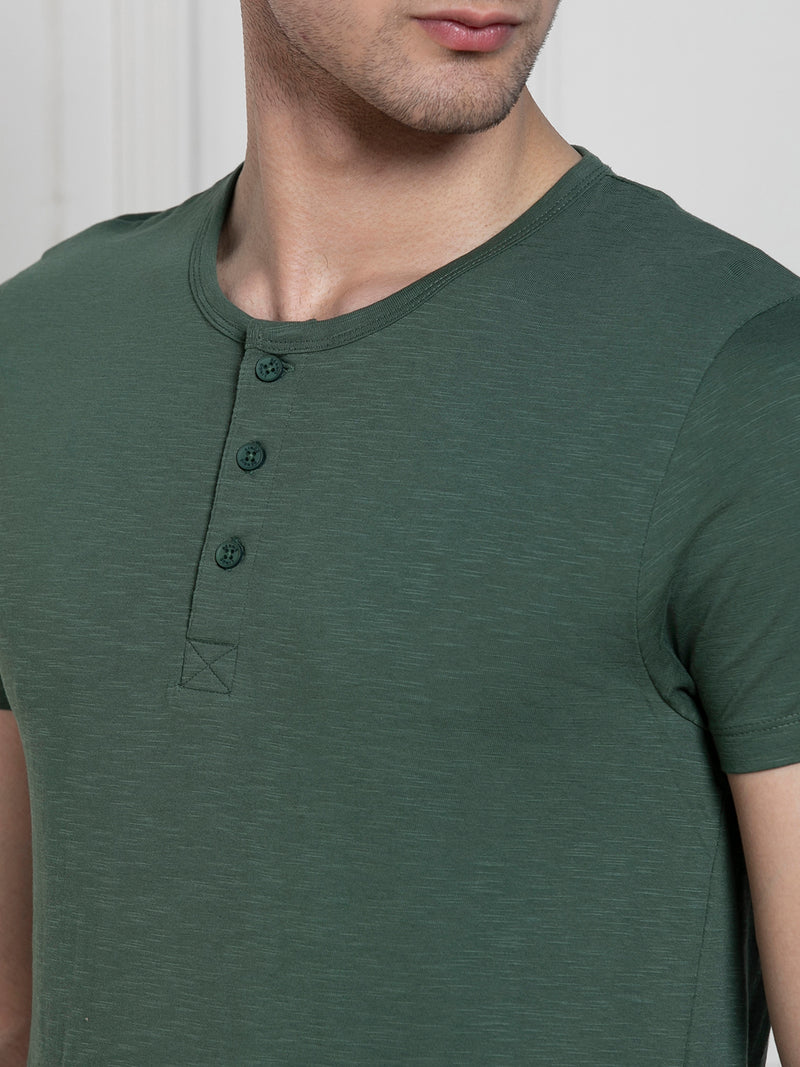 Dennis Lingo Men's Green Henley Neck Solid Regular Fit T-Shirt