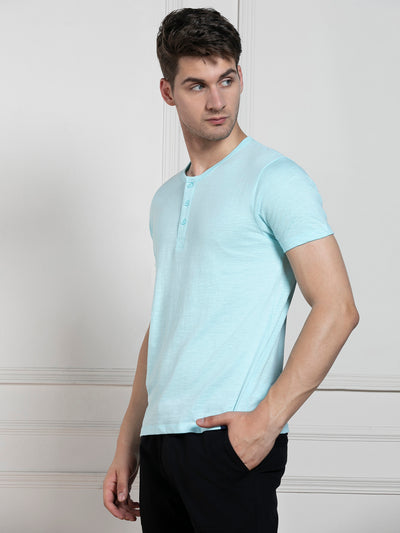 Dennis Lingo Men's Light Blue Henley Neck Solid Regular Fit T-Shirt