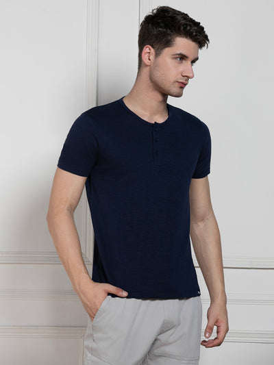 Dennis Lingo Men's Navy Henley Neck Solid Regular Fit T-Shirt