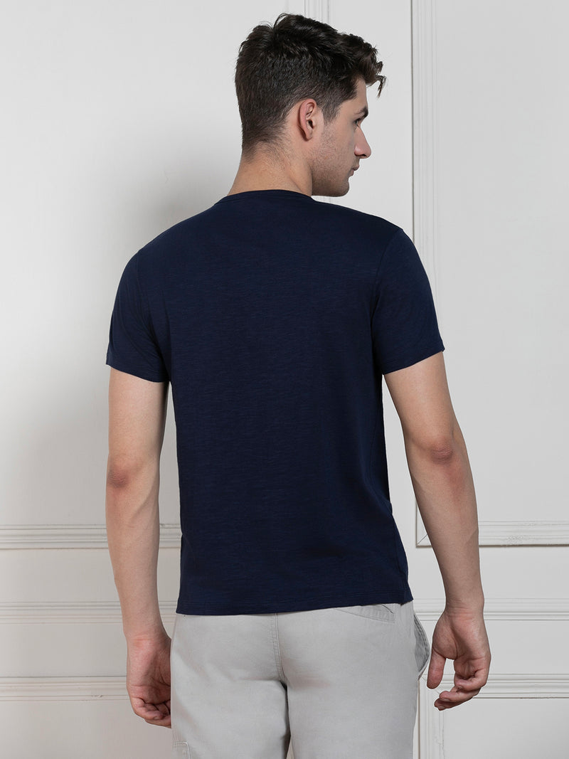 Dennis Lingo Men's Navy Henley Neck Solid Regular Fit T-Shirt