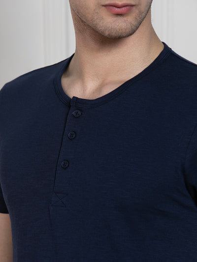 Dennis Lingo Men's Navy Henley Neck Solid Regular Fit T-Shirt