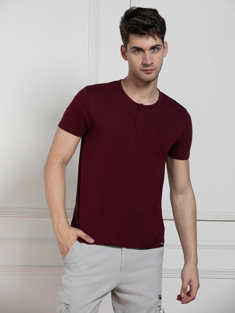 Dennis Lingo Men's Wine Henley Neck Solid Regular Fit T-Shirt