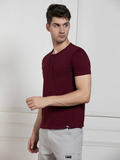 Dennis Lingo Men's Wine Henley Neck Solid Regular Fit T-Shirt