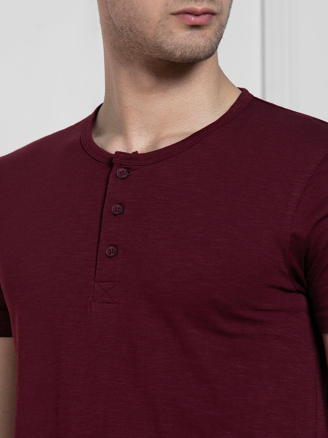 Dennis Lingo Men's Wine Henley Neck Solid Regular Fit T-Shirt