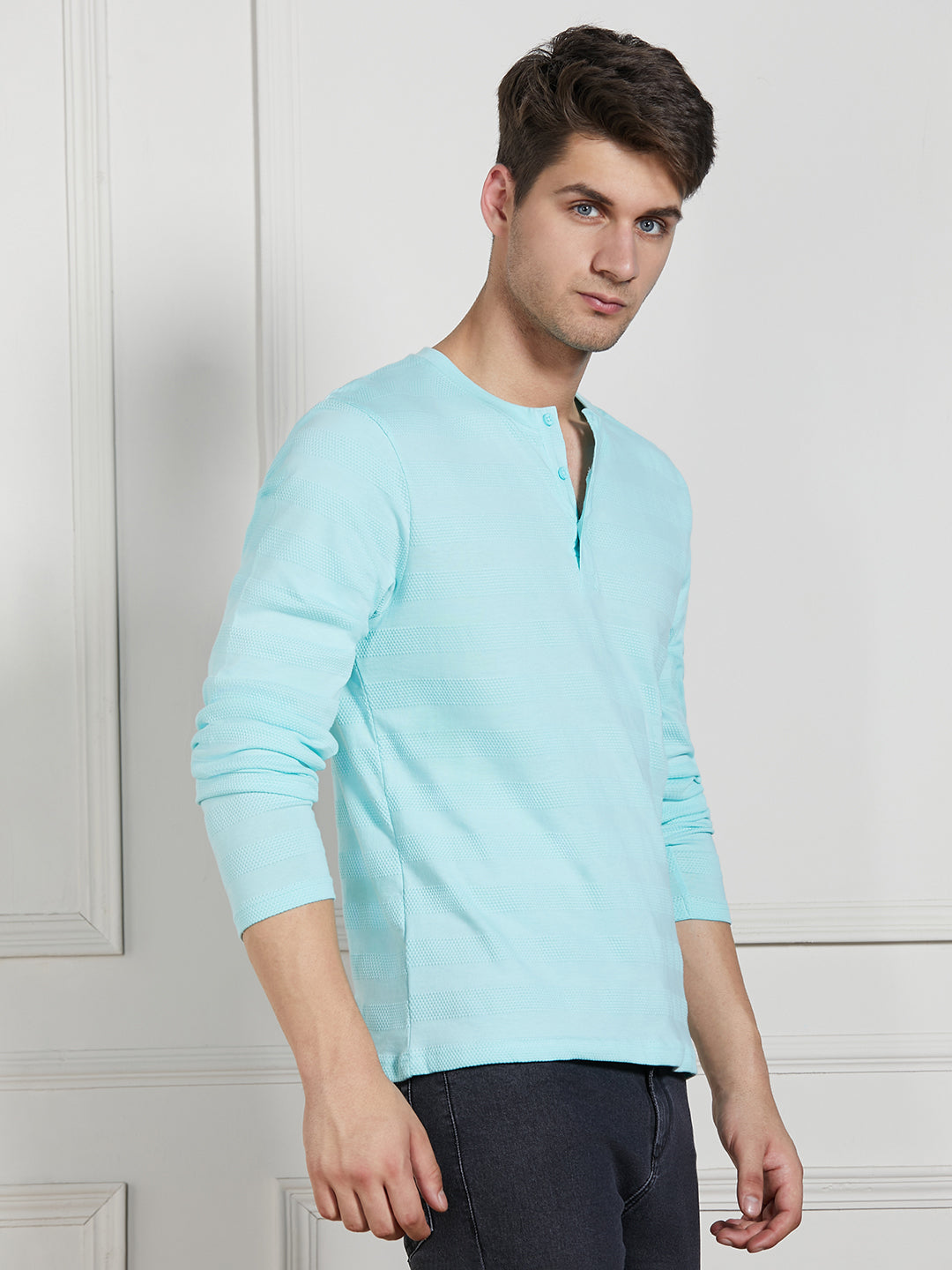 Dennis Lingo Men Light Blue Cotton Regular Fit Textured Henley Neck T-Shirt