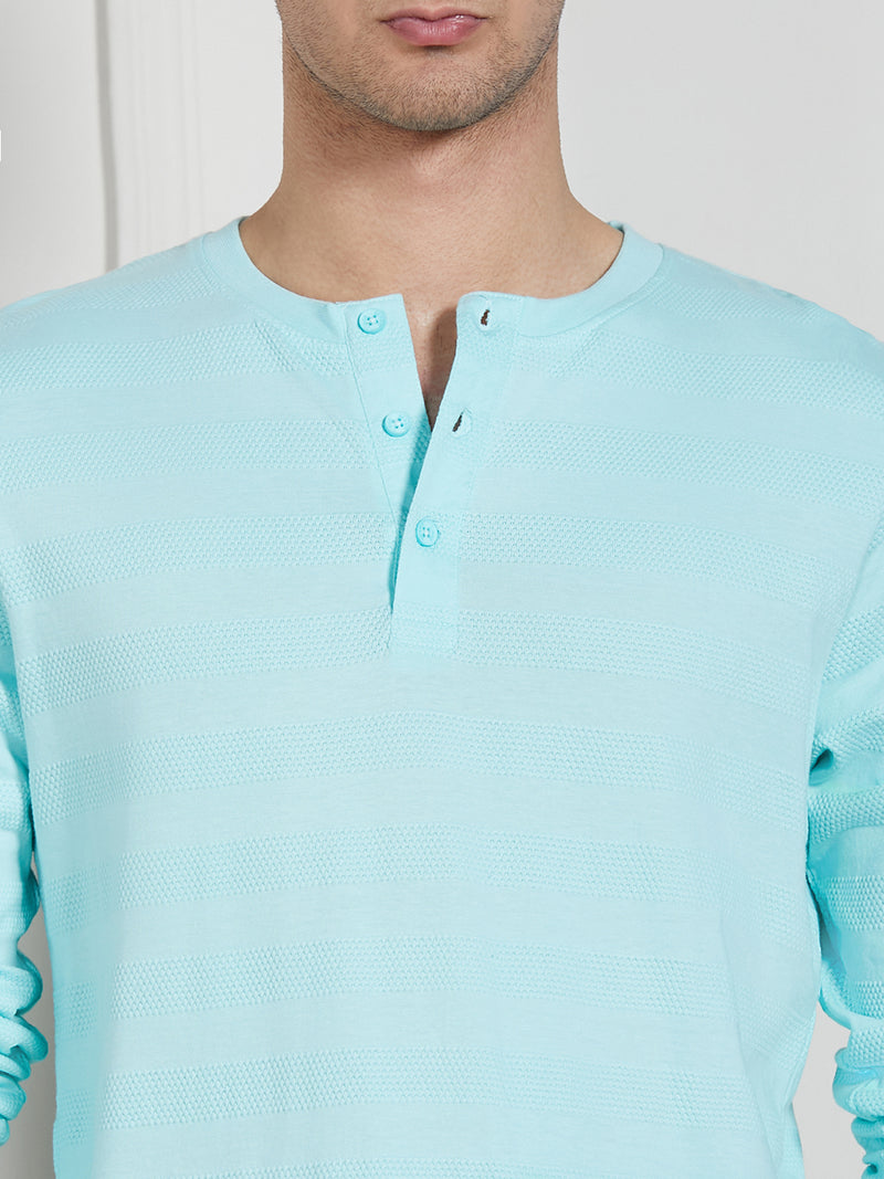 Dennis Lingo Men Light Blue Cotton Regular Fit Textured Henley Neck T-Shirt