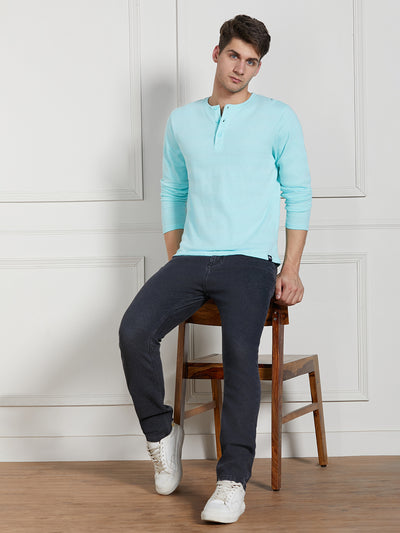 Dennis Lingo Men Light Blue Cotton Regular Fit Textured Henley Neck T-Shirt