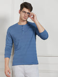 Dennis Lingo Men Mid Blue Cotton Regular Fit Textured Henley Neck T-Shirt