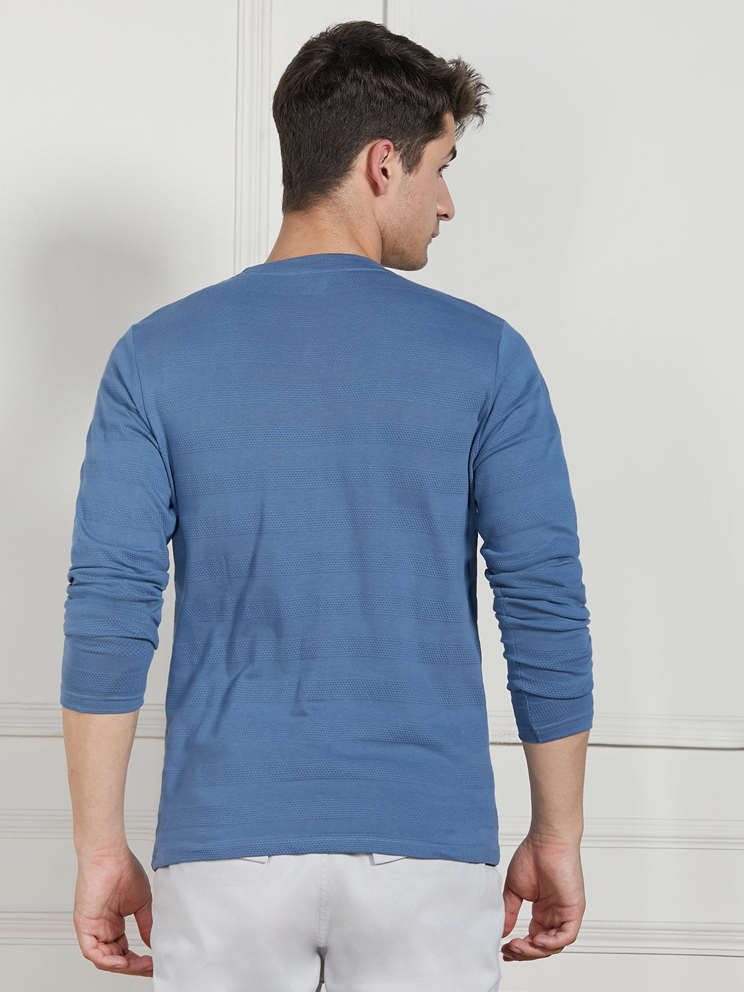 Dennis Lingo Men Mid Blue Cotton Regular Fit Textured Henley Neck T-Shirt