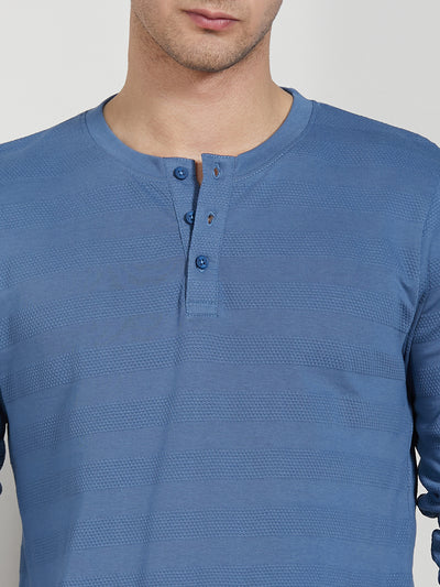 Men's Mid Blue Cotton Regular Fit Textured Henley Neck T-Shirt
