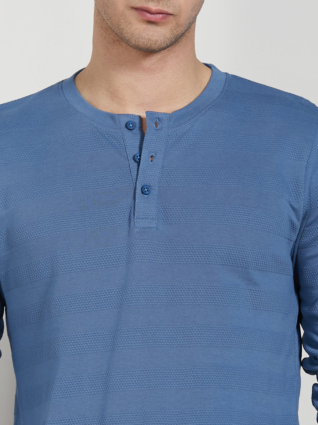Men's Mid Blue Cotton Regular Fit Textured Henley Neck T-Shirt