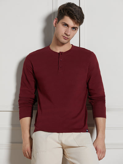 Dennis Lingo Men Wine Cotton Regular Fit Textured Henley Neck T-Shirt