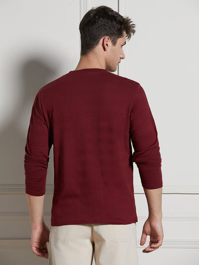 Men's Wine Cotton Regular Fit Textured Henley Neck T-Shirt