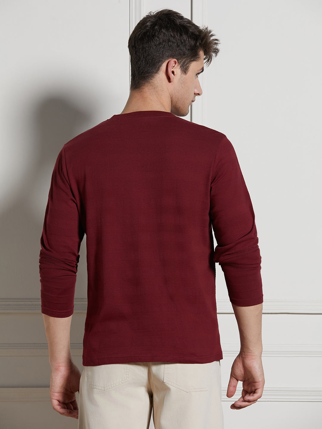 Men's Wine Cotton Regular Fit Textured Henley Neck T-Shirt