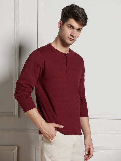 Dennis Lingo Men Wine Cotton Regular Fit Textured Henley Neck T-Shirt