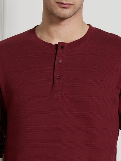 Men's Wine Cotton Regular Fit Textured Henley Neck T-Shirt