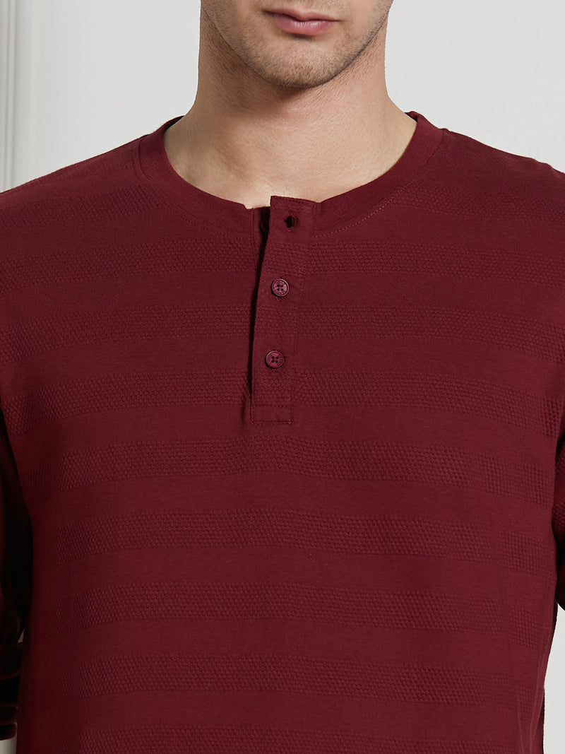 Men's Wine Cotton Regular Fit Textured Henley Neck T-Shirt