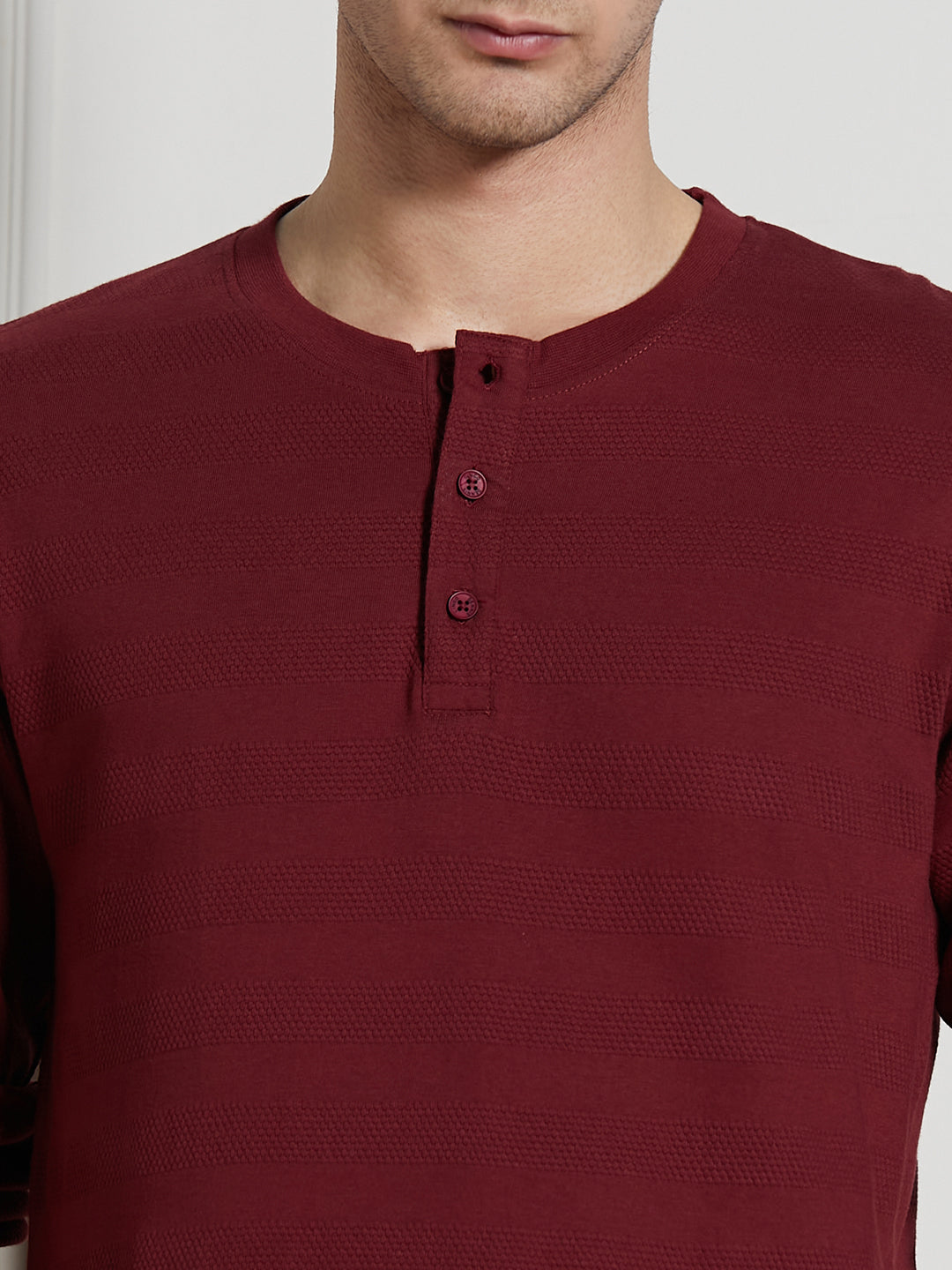 Men's Wine Cotton Regular Fit Textured Henley Neck T-Shirt