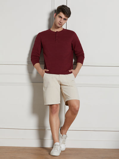Men's Wine Cotton Regular Fit Textured Henley Neck T-Shirt