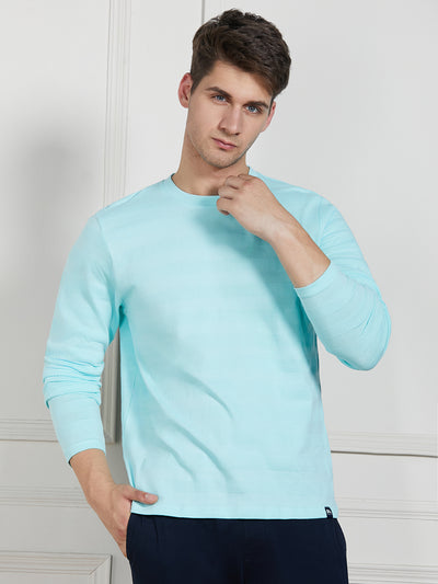 Men's Light Blue Cotton Regular Fit Textured Round Neck T-Shirt