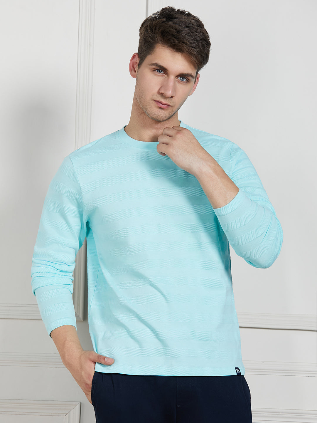 Men's Light Blue Cotton Regular Fit Textured Round Neck T-Shirt