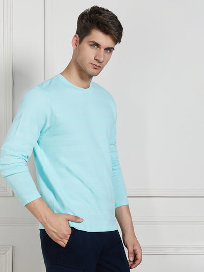 Men's Light Blue Cotton Regular Fit Textured Round Neck T-Shirt
