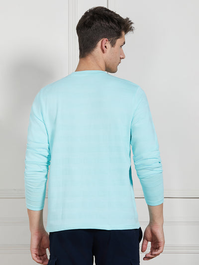 Men's Light Blue Cotton Regular Fit Textured Round Neck T-Shirt